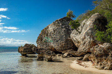 Big coral stones on the paradise beach on the rocky coast of Atlantic Ocean in Punta Rucia,...