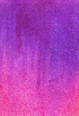 Abstract watercolor background. Vertical gradient of purple color to intense pink with paint drips. Hand drawn colorful illustration on textured paper. Multicolor backdrop