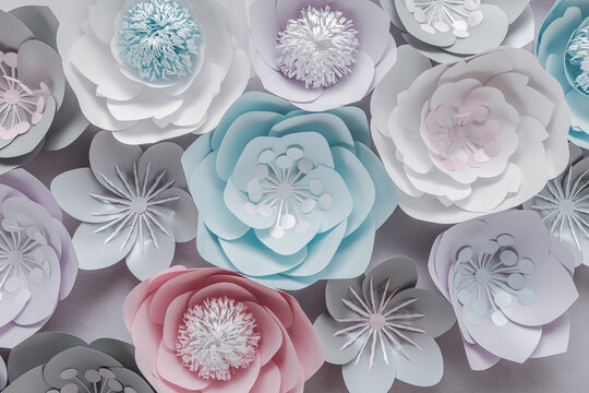 Close up of an incredibly beautiful bright flowers of blue pink and white lying on a light surface