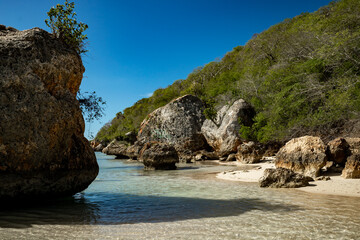 Fototapeta na wymiar Big coral stones on the paradise beach on the rocky coast of Atlantic Ocean in Punta Rucia, Dominican Republic