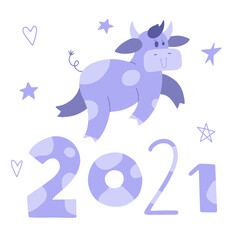 Funny bull. Symbol of 2021 year. Year of the bull. New Year Cute Cow illustration in cartoon style.
