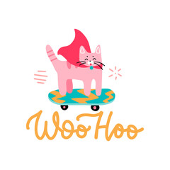 Woohoo - Congratulation from the cat sticker. Funny hero cat ridung skateboard. Design for greeting card or postcard, print, poster and other pritable designs. Hand drawn flat vector illustration.