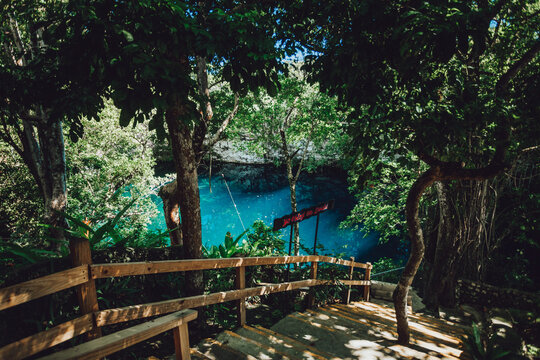 Stairway to the blue fresh water lagoon, Dominican Republic 