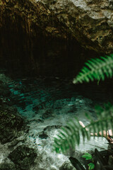 Blue fresh water lagoon under the cliff with leaves of fern, Dominican Republic 
