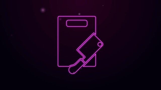 Glowing neon line Cutting board and meat chopper icon isolated on black background. Butcher knife. Chopping board symbol. 4K Video motion graphic animation.