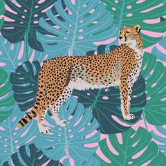 Summer vector seamless tropical pattern with bright leaves and cheetah. Modern abstract design for fabric, paper, interior decor. Colorful Hawaiian ornament green, blue leaf color