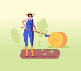 Woman grows vegetables herself, haystack in the background. Concept of eco friendly lifestyle, gmo free, farm fresh organic products, vegan, organic design. Vector illustration in flat design