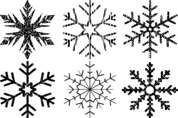 Grunge Textured Snowflakes Collection. Can be used as Banners, Insignias or Badges. Vector Distressed Texture Set. Blank Geometric Shapes. Vector Illustration. Black isolated on white. EPS10.