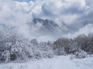 winter mountain valley in a dense clouds and mist, winter travel background