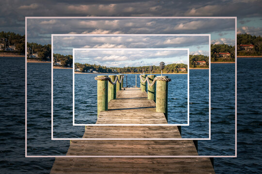 Self contained repeating pictures of a dock by the ocean