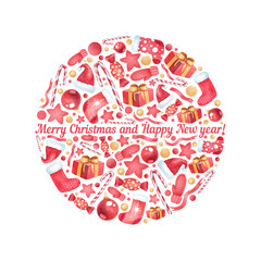 Watercolor hand drawn christmas card.Cute, nice festive xmas elements on white background isolated. Red, golden, yellow socks, gifts, decoration, bonbons, stars, confetti, mittens and another elements