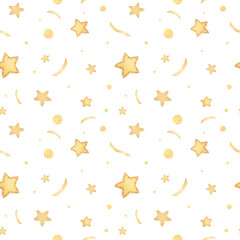 Watercolor lovely christmas pattern with golden stars and confetti. Cute yellow and golden colors. Merry Christmas festive seamless hand drawn texture.