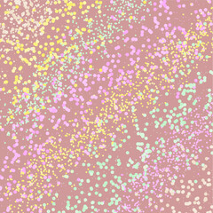 Small, colorful uneven spots and particles of debris. Abstract vector texture.  Distressed uneven background. Texture overlay with fine grains and spots. Vector illustration. EPS10.