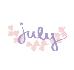 Violet July lettering print raster type with pink leaves border. Summer minimalist illustration. Isolated purple calligraphy phrase white background. Graphic design for banner, calendar, textile, logo