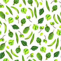 Seamless pattern with vegetables. Greens and vegetables drawn with watercolors and colored pencils.