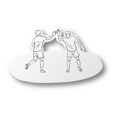 Vector illustration black line hand drawn of soccer player celebrating after winning on cut paper with shadow isolated on white background. Paper art. Teamwork concept.