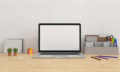 working desk with empty screen for mockup, 3D rendering