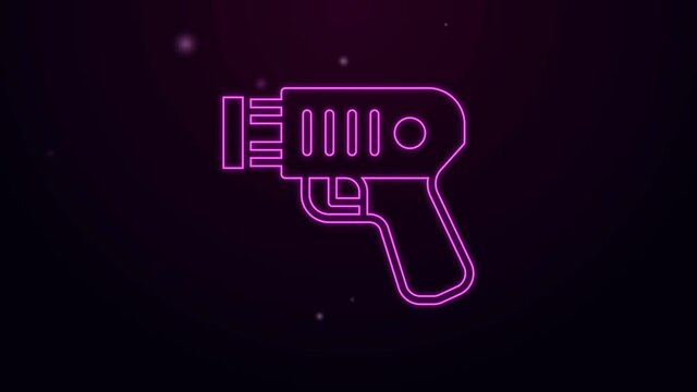 Glowing neon line Police electric shocker icon isolated on black background. Shocker for protection. Taser is an electric weapon. 4K Video motion graphic animation.