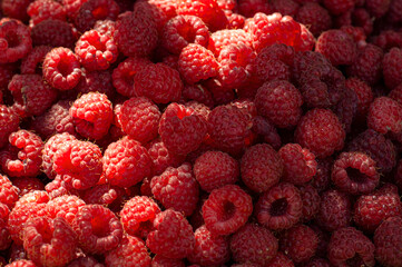 Fresh and sweet raspberries. Texture of raspberries close up. Vegetarian concept.