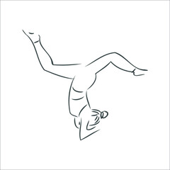 girl practices yoga, black and white. asanas. aerobics. warm-up. stretching the legs. gymnastics. playing sports. sport life. girl dancing contour. coloring. design of postcards, business cards. eps10