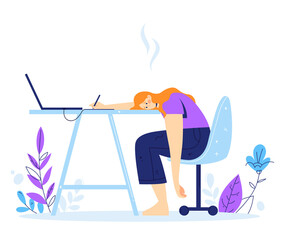 Professional and emotional burnout syndrome. Exhausted female artist at work sitting at the table with head down. Stress at creative work.