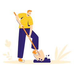 Garden work concept. The man character is digging the ground with a shovel. Hobby gardener.