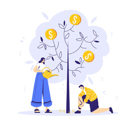 Growing tree with coins, caring for a tree, woman watering the plant, man cleaning the weeds. Growing business concept. A symbol of successful business