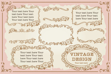 ガーベラの花を使ったアンティークな装飾フレームのセット。ベクター素材