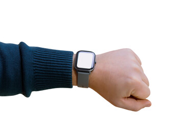 A man with a smartwatch and a white screen mockup on his hand. Man uses fitness tracker isolated on white background.