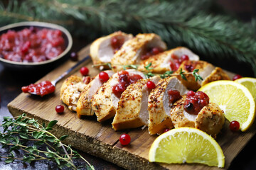 Turkey breast with cranberry sauce. Christmas menu. New Year's mood.
