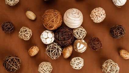Natural, brown and gold oglittering ornaments. Christmass concept with copy space for text