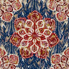 Seamless floral sepia grunge print texture background. Worn mottled flower bloom pattern textile fabric. Grunge rough blur linen all over print  - 397509222