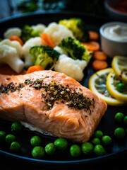 Steamed salmon steak with cauliflower, broccoli, carrots, lemon, peas and mayonnaise on wooden table 
