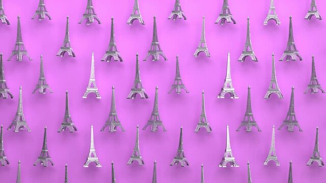 Rotating metal eiffel tower seamless looping animated background, Paris travel landmark and touristic romantic symbol of french architecture, urban famous european national historic monument