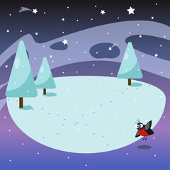Winter template with snowy trees and bullfinch. Starry sky. Banner for your text. Vector illustration.