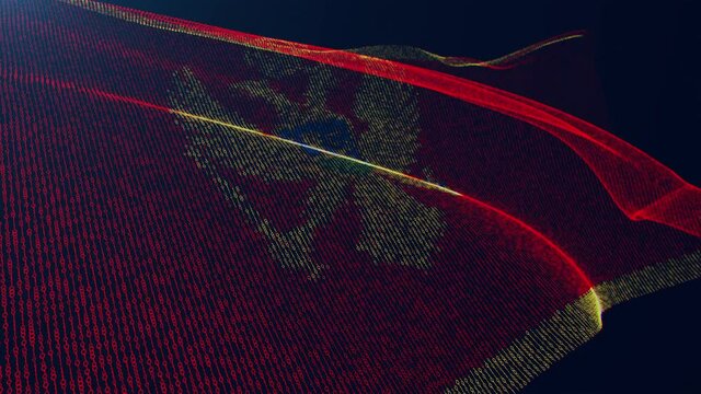 3d render. Montenegro digital flag with binary code texture flies in the wind. Seamless loop.
