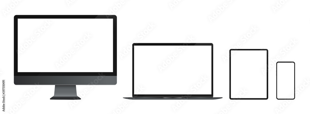 Poster Computer devices with transparent screens - Vector mockup illustration of unbranded dark grey computers, tablet and smartphone.