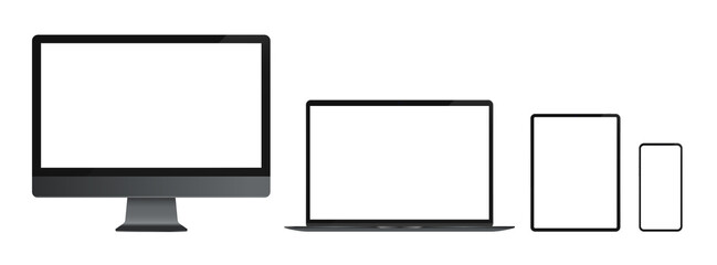 Computer devices with transparent screens - Vector mockup illustration of unbranded dark grey computers, tablet and smartphone.