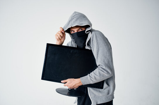 Masked Man With Hood Steals Monitor Technician Hacker Marking