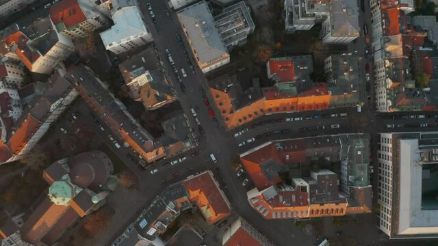 Generic City Overhead View from Birds Eye View, European City Top View in Germany, Aerial Drone perspective