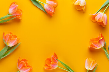 Yellow pastels color tulips on the yellow background. Retro vintage style.