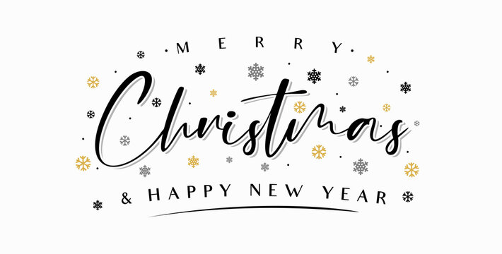 Merry Christmas Handwriting Lettering Calligraphy with Black Text Color and Sparkling Snow Effect, isolated on white background. Vector Graphic Illustration for Banner, Poster, Greeting cards, Web.