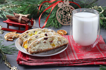 Fototapeta na wymiar Sliced Christmas tasty stollen with dry fruits and glass of milk. Treat for Santa Claus. Traditional German treats. Closeup
