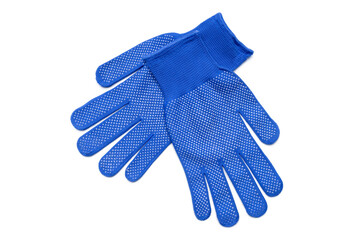 blue textile worker gloves isolated on a white background. above view. studio shot. handyman protective equipment