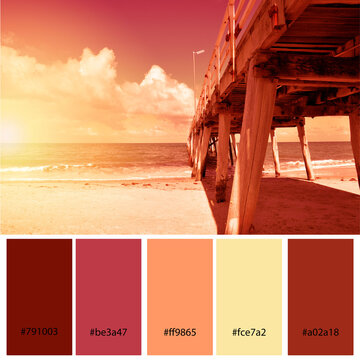 Sunset Designer Pack Color Palette inspired by nature. Long jetty pier on wide open sandy beach overlooking ocean. Sunset. Designer pack with photograph and swatches with hex codes references.