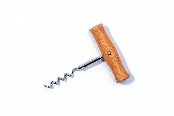 Corkscrew wine bottle opener with wooden handle isolated on white background. Close up 