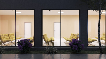 Exterior View of an Illuminated Ground Floor Waiting Room in the Nighttime 3D Rendering