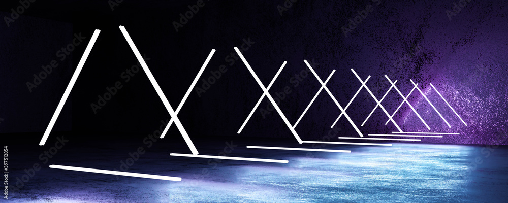 Poster abstract neon lights flying in triangular geometric shape on dark background and concrete floor 3d r