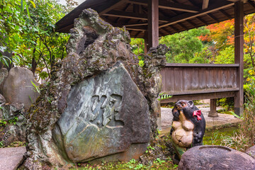 Stone monument Tanukizuka and  shigaraki ware pottery in the Tamonji Temple of the Sumida ward with an engraved japanese ideogram meaning Tanuki which is a racoon-dog.