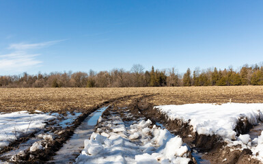winter landscape with snow and tractor tracks
